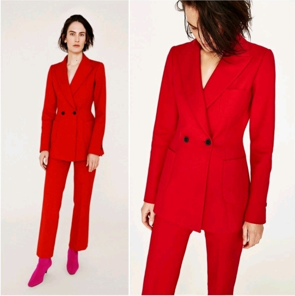 ZARA RED TAILORED DOUBLE-BREASTED FITRED BLAZER SIZE S